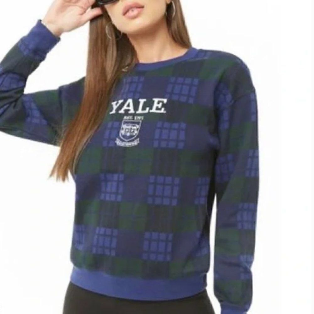 Yale Bulldogs Varsity Letterman Blue Green Plaid Crewneck Sweater Small